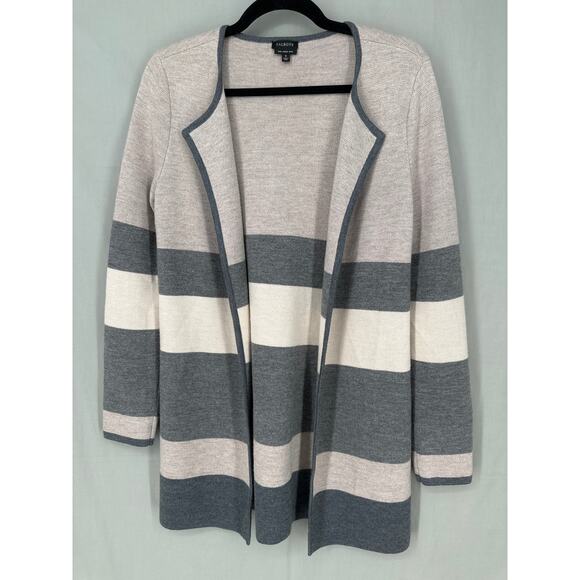 Talbots Cardigan Sweater Womens Small Beige Gray Striped Pure Merino Wool Cozy - Picture 5 of 7